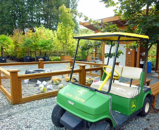 golf cart painted as john deere by fenced play area